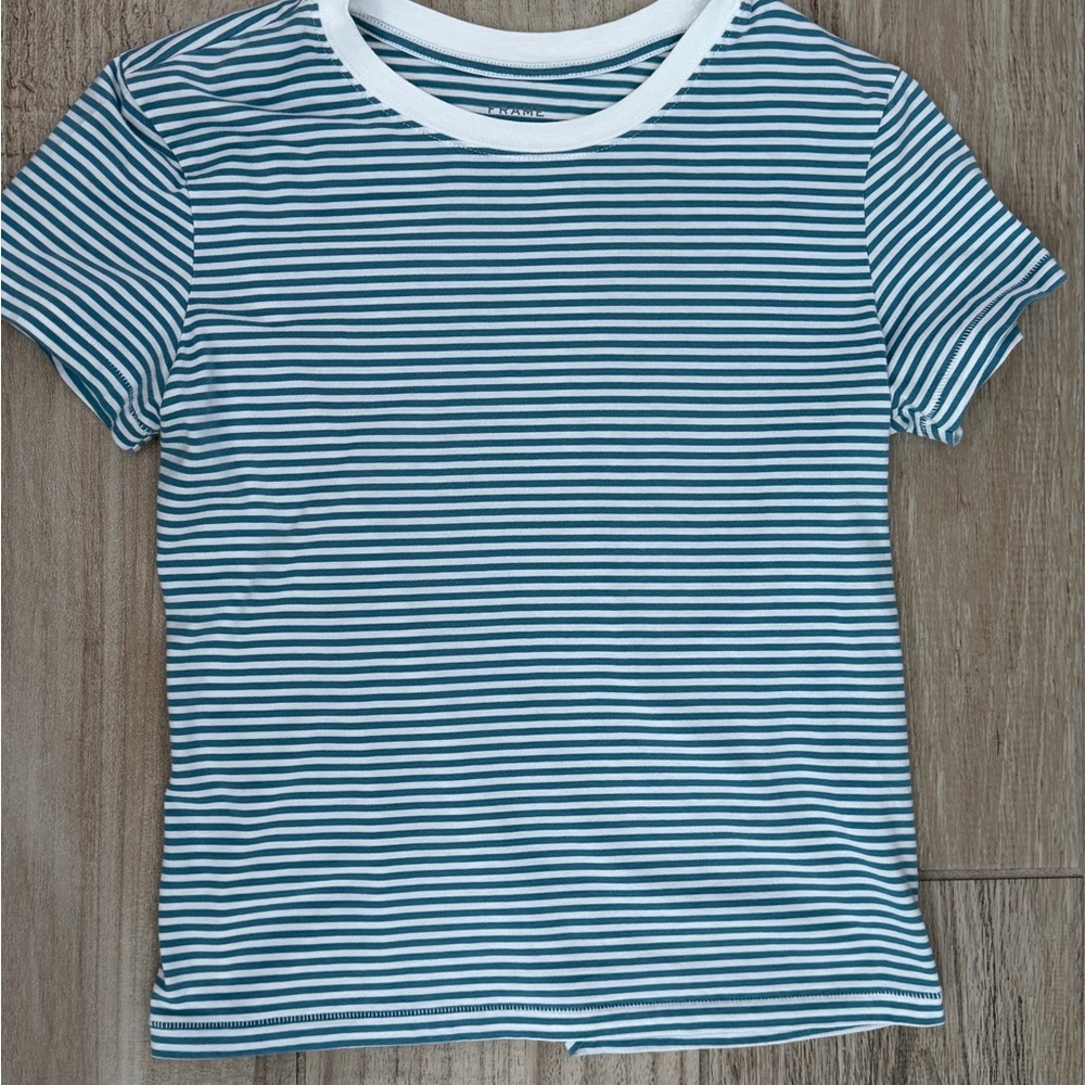 Frame Denim Teal and White Striped Tee Cotton 100%